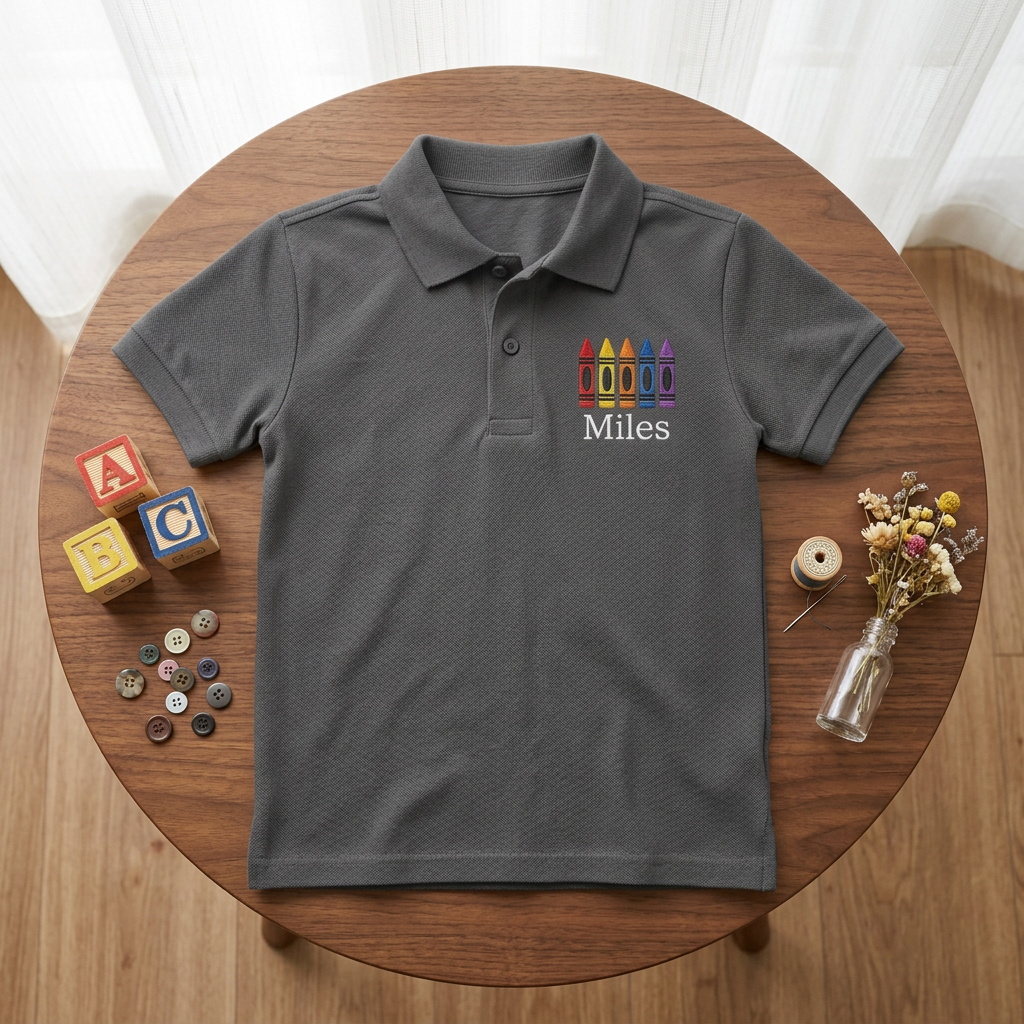 Rainbow Crayon Line Youth Embroidered Polo | Personalized Name School Kids Polo Shirt