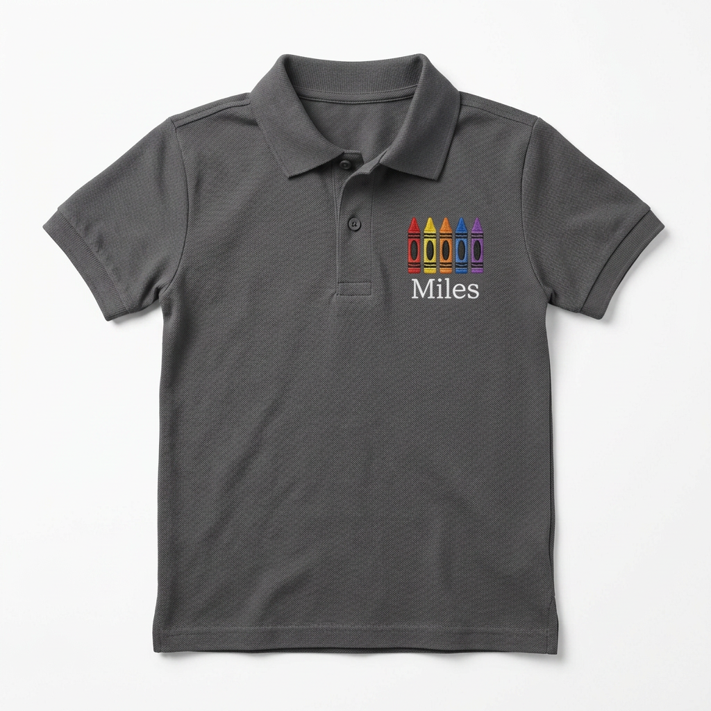 Rainbow Crayon Line Youth Embroidered Polo | Personalized Name School Kids Polo Shirt