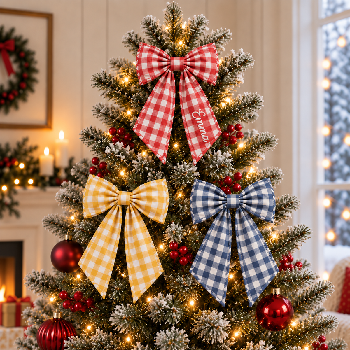 Personalized Embroidered Gingham Christmas Bow | Custom Name Holiday Bow for Tree, Wreath & Gifts