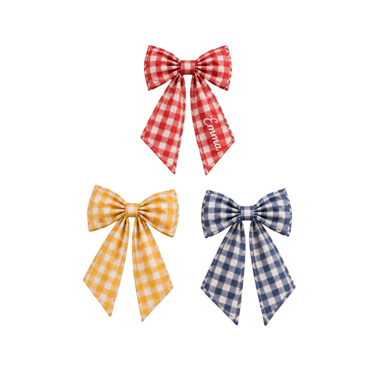 Personalized Embroidered Gingham Christmas Bow | Custom Name Holiday Bow for Tree, Wreath & Gifts
