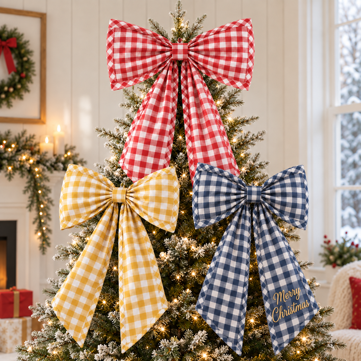Personalized Embroidered Gingham Christmas Tree Topper Bow | Merry Christmas Holiday Bow