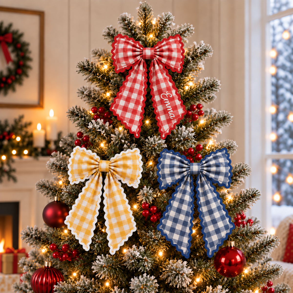 Personalized Embroidered Gingham Christmas Bow with Scalloped Trim | Custom Name Holiday Bow