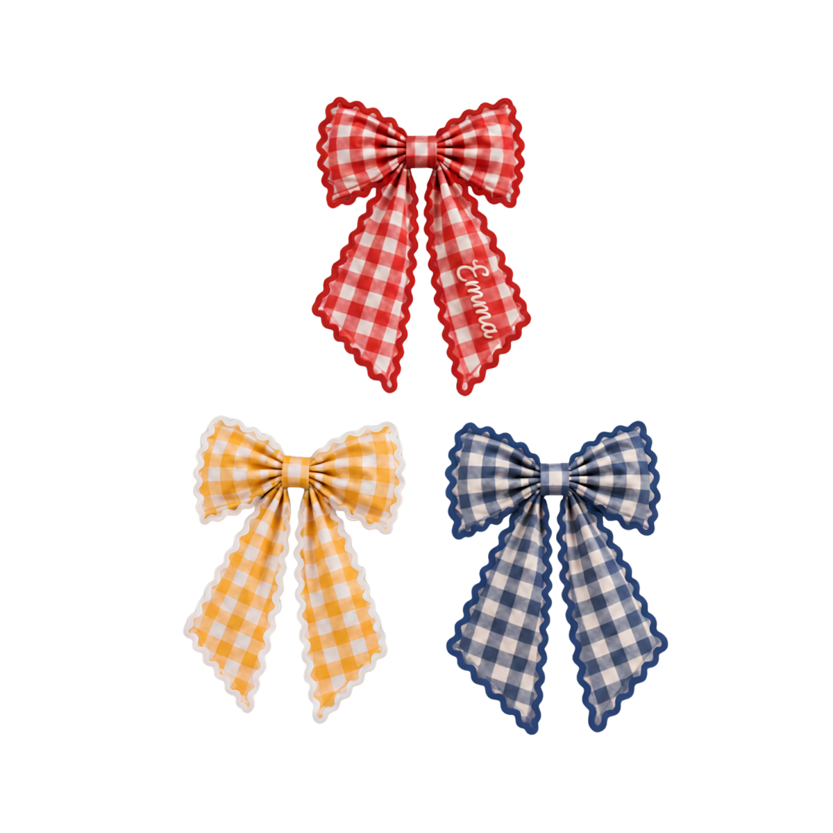 Personalized Embroidered Gingham Christmas Bow with Scalloped Trim | Custom Name Holiday Bow