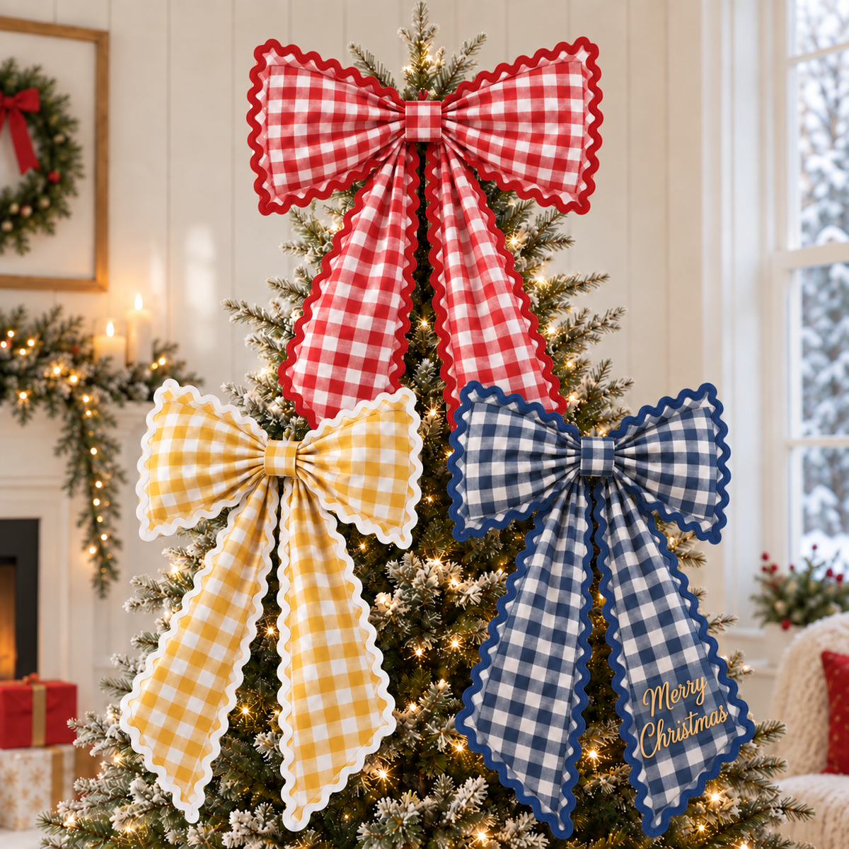 Custom Embroidered Gingham Christmas Tree Topper Bow with Scalloped Trim | Merry Christmas Holiday Decor