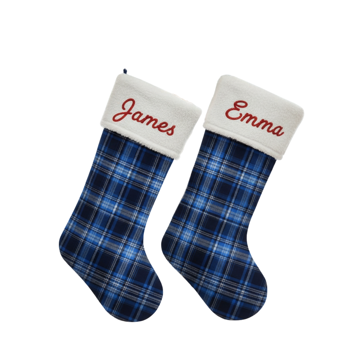 Personalized Blue Tartan Christmas Stocking | Embroidered Name on White Plush Cuff