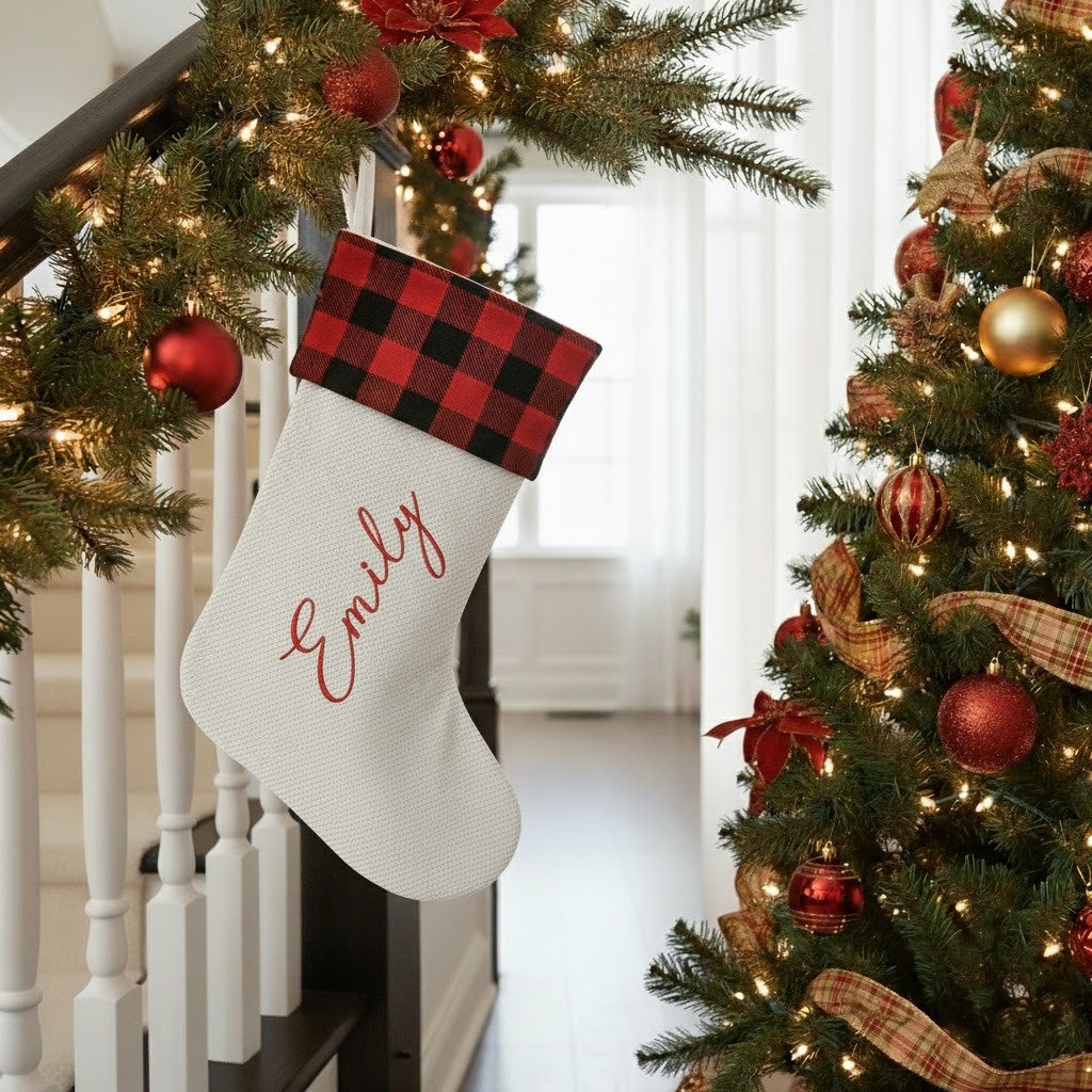 Personalized Christmas Stocking | Red Script Name on Cream Stocking with Buffalo Check Cuff