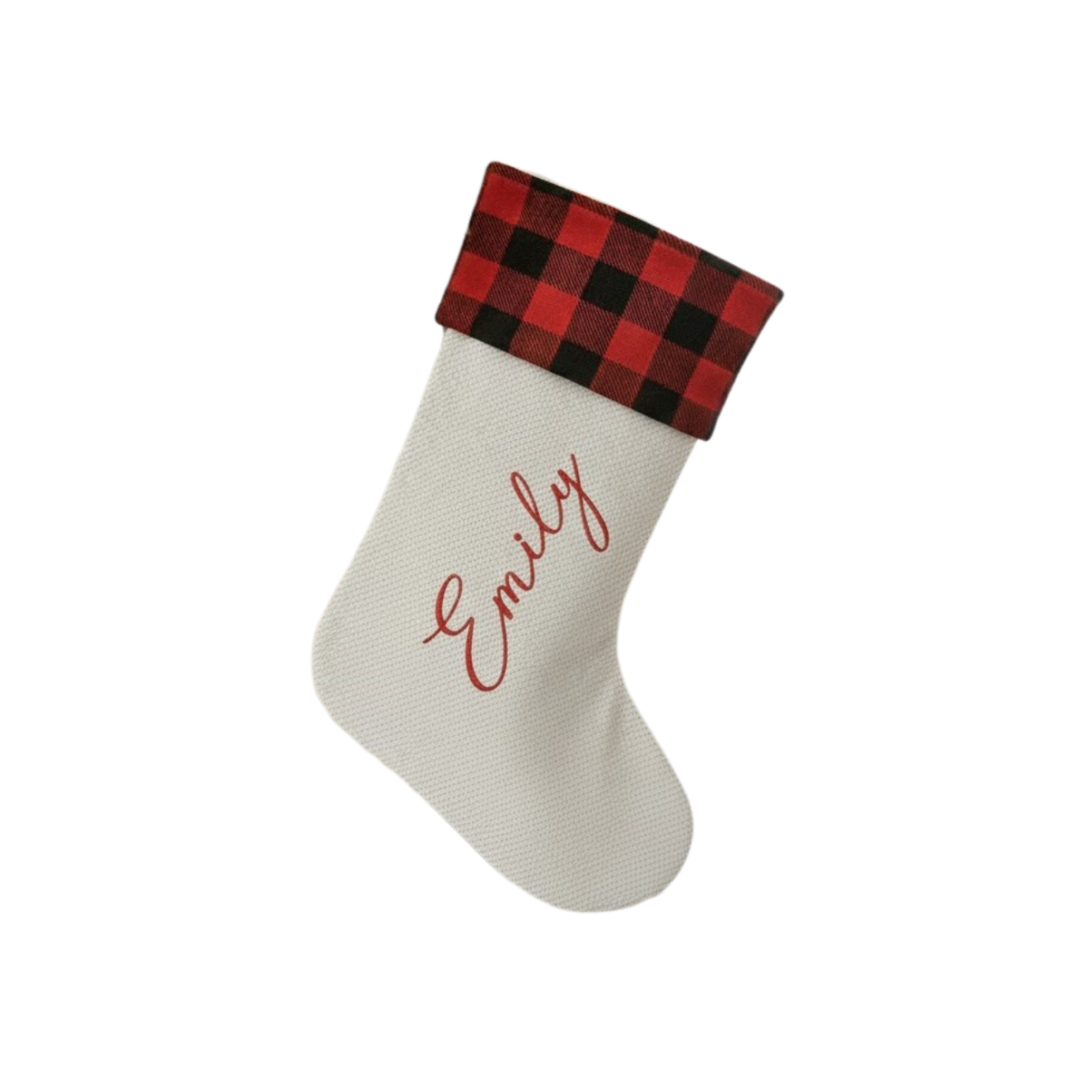 Personalized Christmas Stocking | Red Script Name on Cream Stocking with Buffalo Check Cuff
