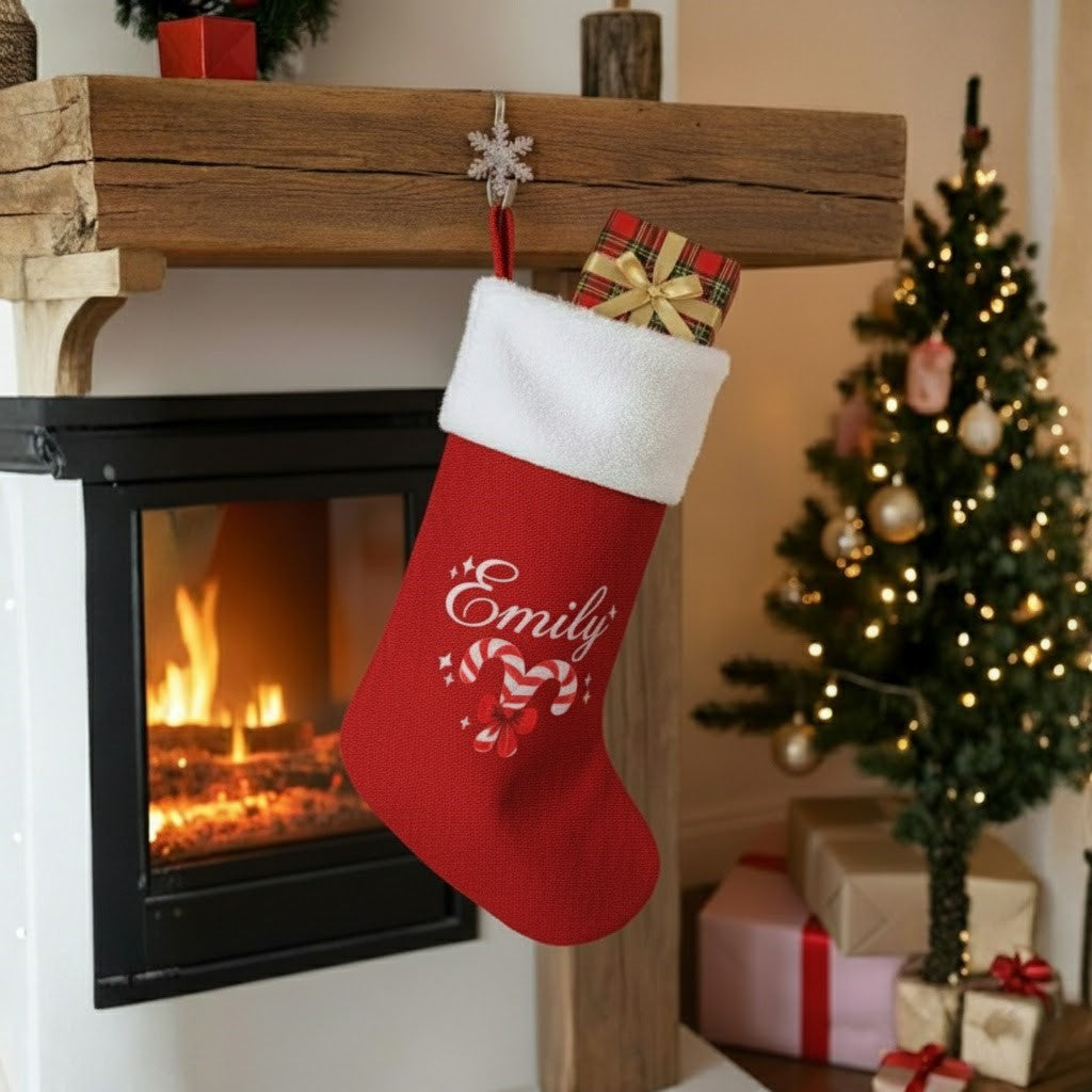 Personalized Christmas Stocking | Printed Name & Candy Cane Heart with White Plush Cuff