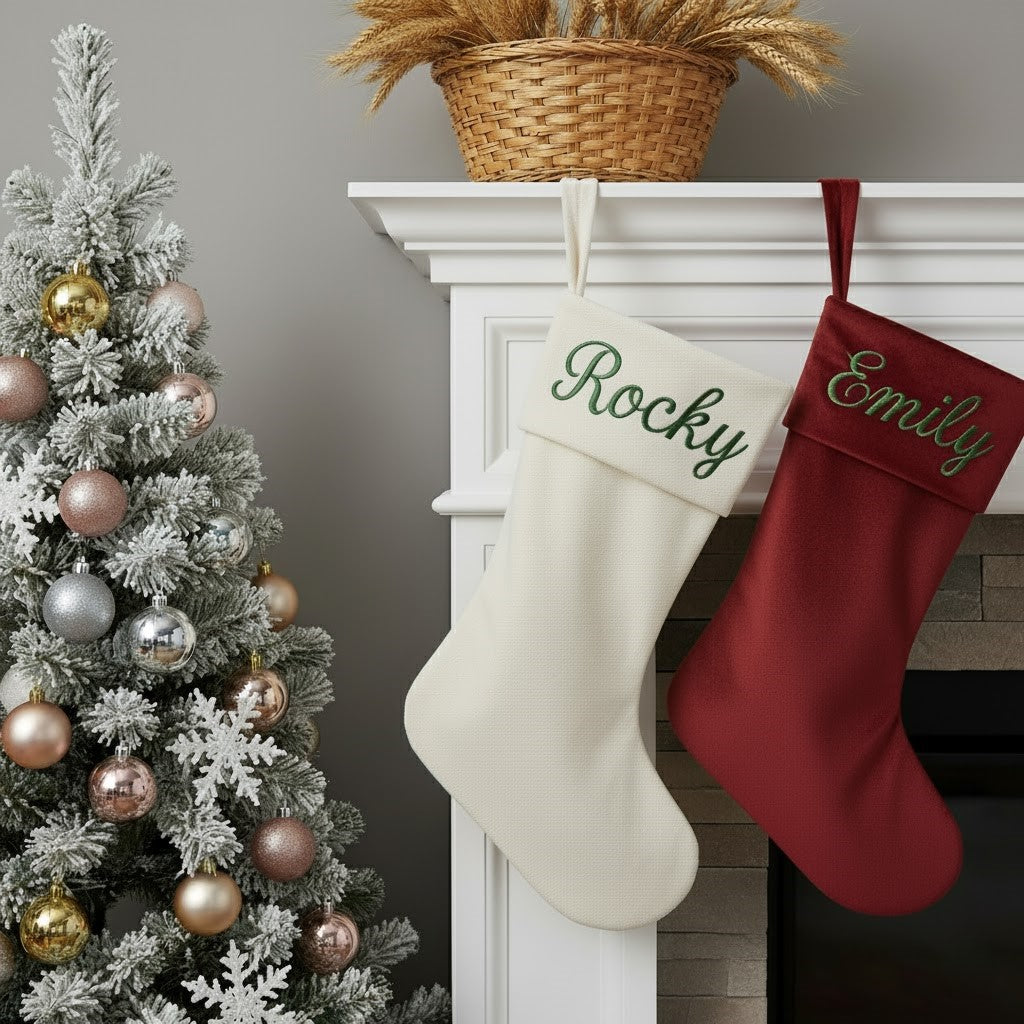 Personalized Classic Christmas Stocking | Green Embroidered Script Name on Matching Cuff