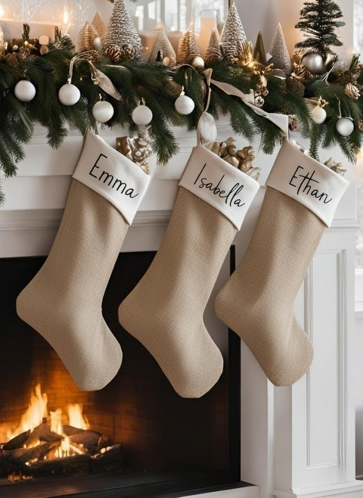Personalized Neutral Christmas Stocking | Embroidered Black Script Name on White Cuff