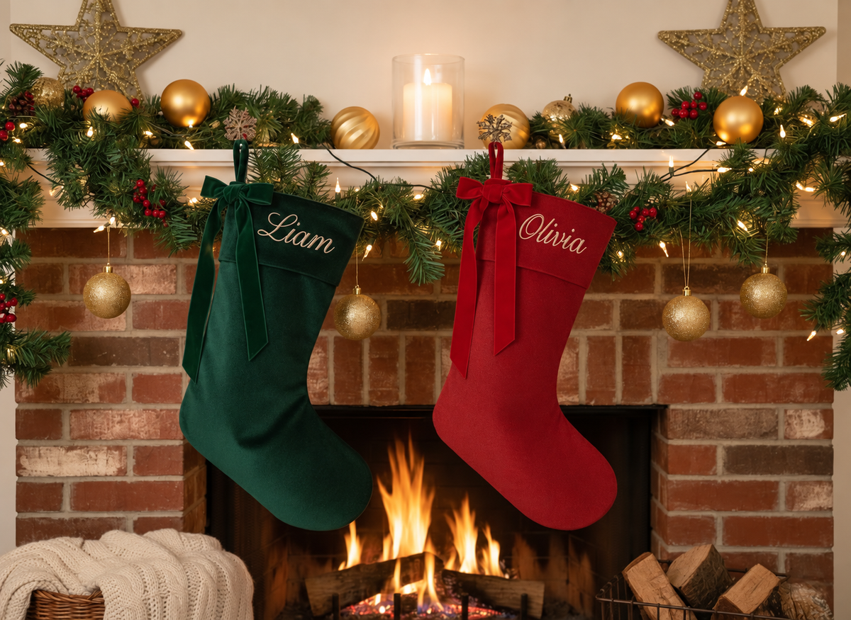 Personalized Christmas Stocking with Velvet Bow | Embroidered Gold Script Name on Cuff