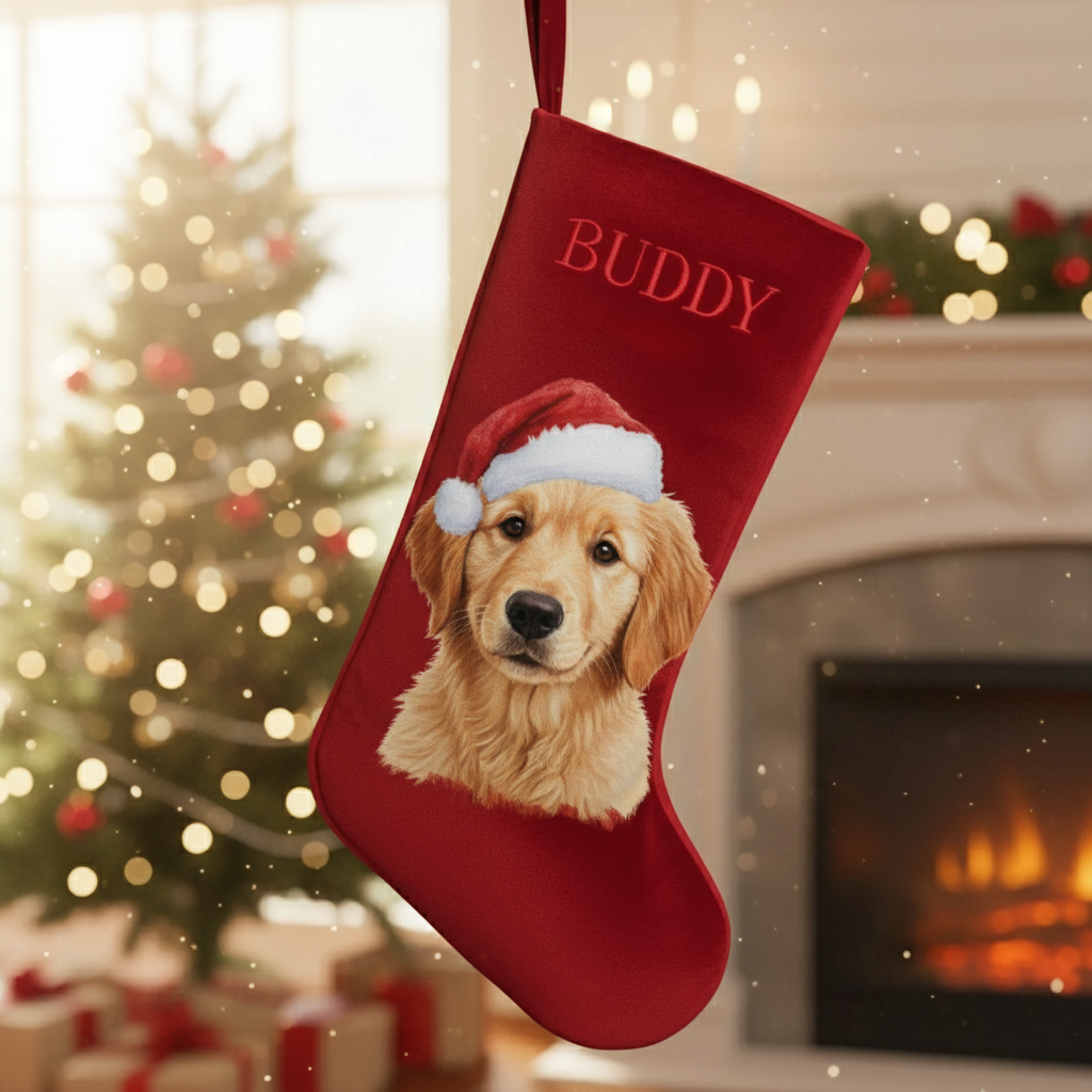 Personalized Pet Photo Velvet Christmas Stocking | Printed Dog Portrait in Santa Hat with Embroidered Name