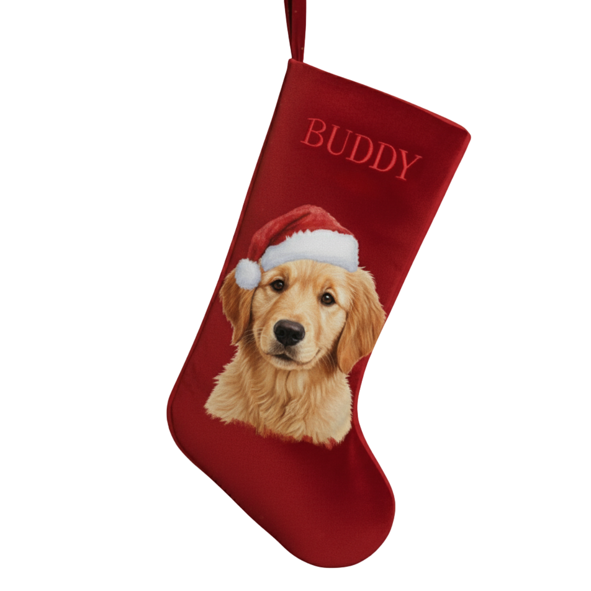 Personalized Pet Photo Velvet Christmas Stocking | Printed Dog Portrait in Santa Hat with Embroidered Name
