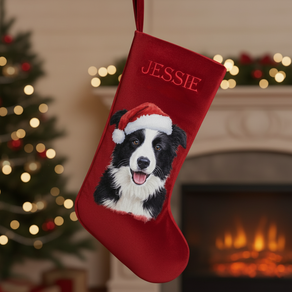 Custom Pet Portrait Velvet Christmas Stocking | Printed Dog Portrait with Santa Hat & Embroidered Name