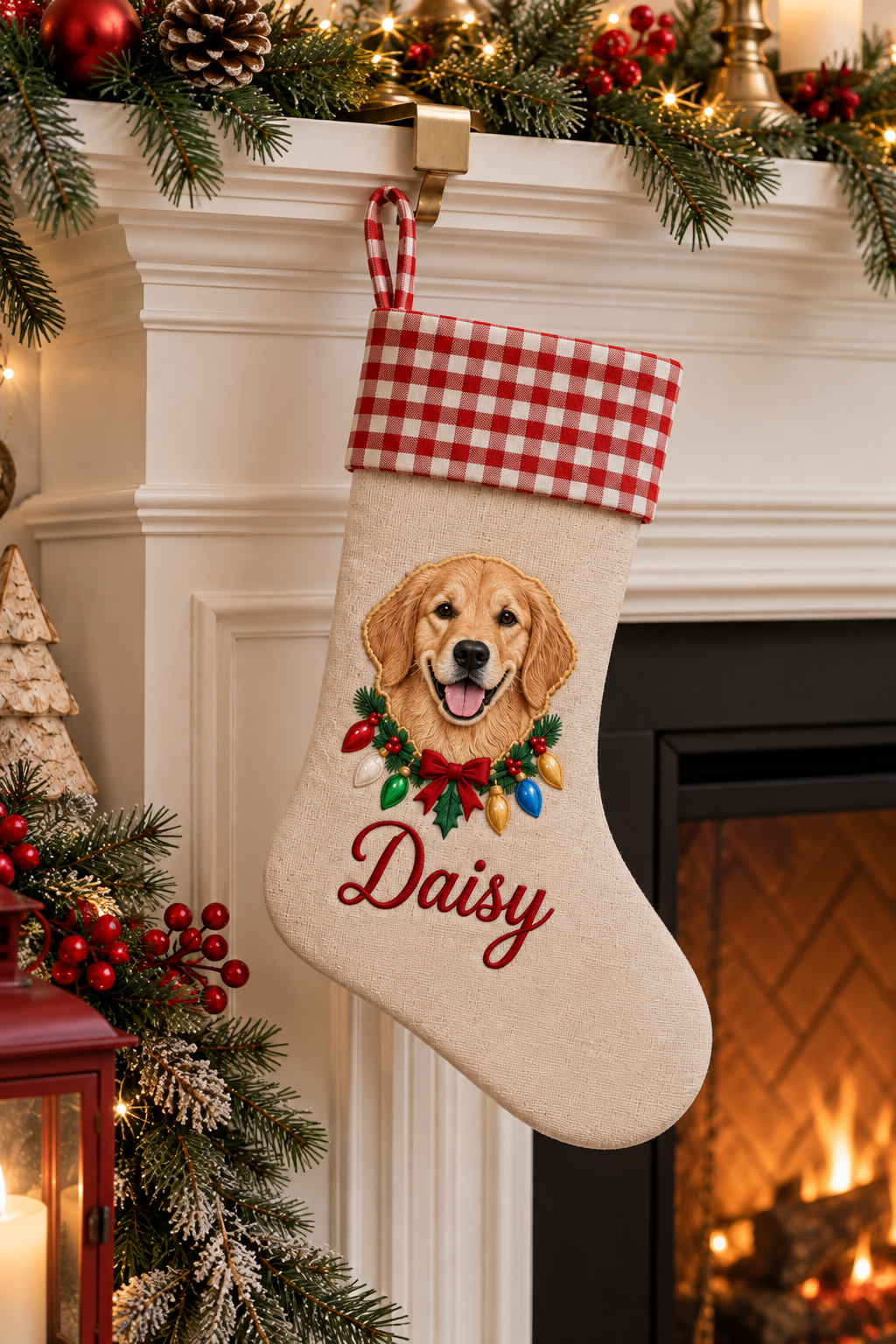 Custom Pet Christmas Stocking | Color Applique Dog Portrait with Christmas Lights, Embroidered Name & Red Gingham Cuff
