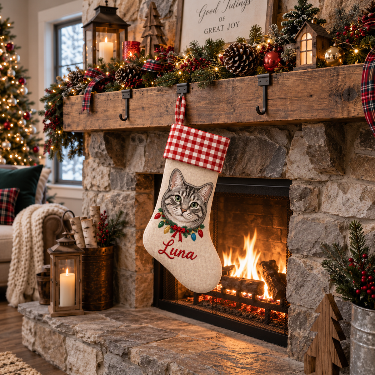 Custom Pet Christmas Stocking | Color Applique Cat Portrait with Christmas Lights, Embroidered Name & Red Gingham Cuff
