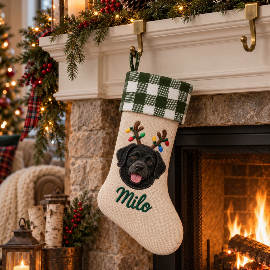 Custom Pet Christmas Stocking | Color Applique Dog Portrait with Light-Up Reindeer Antlers, Embroidered Name & Green Gingham Cuff