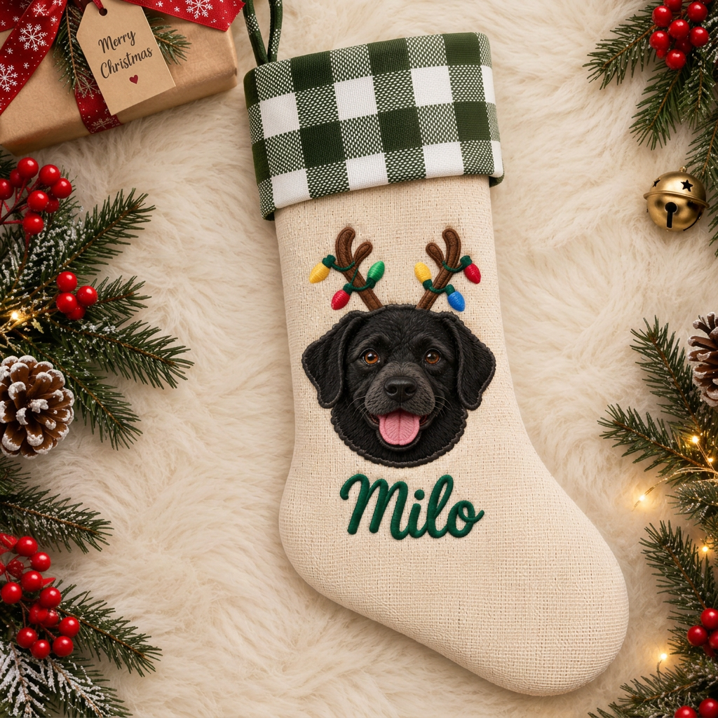 Custom Pet Christmas Stocking | Color Applique Dog Portrait with Light-Up Reindeer Antlers, Embroidered Name & Green Gingham Cuff