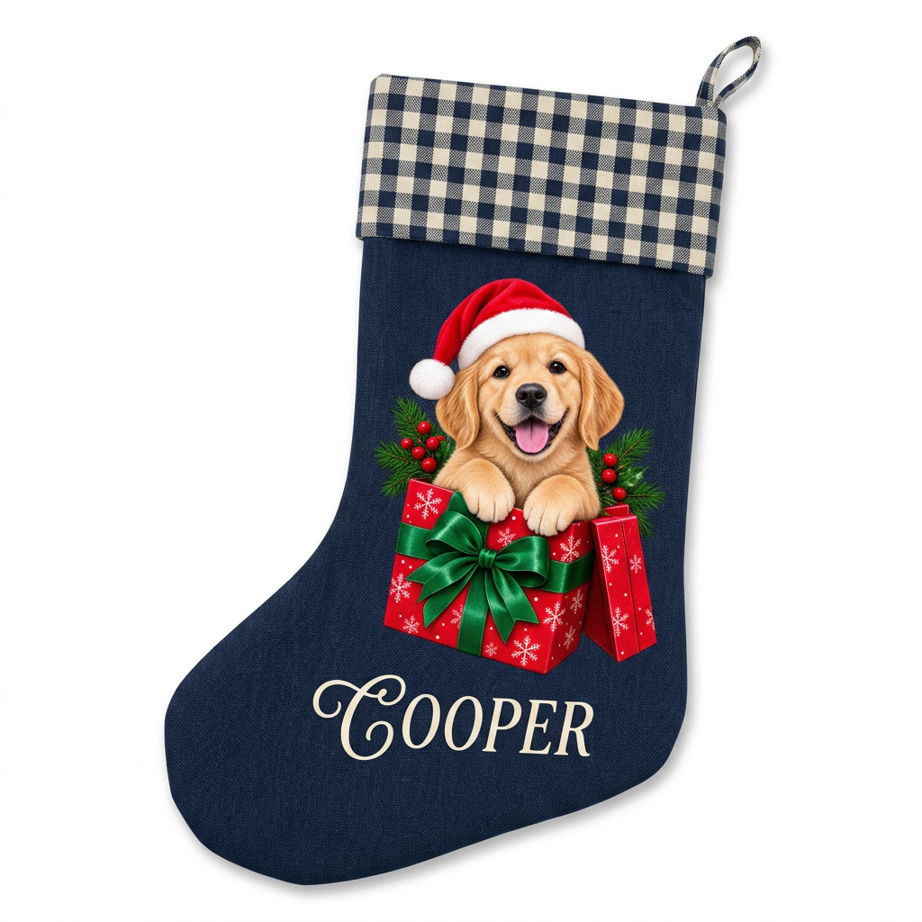 Custom Pet Christmas Stocking | Personalized Printed Pet in a Gift Box with Navy Gingham Cuff