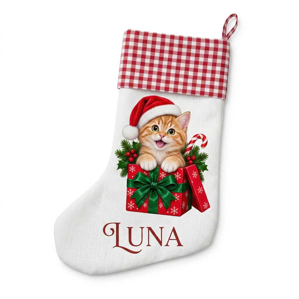 Custom Pet Christmas Stocking | Personalized Printed Pet in a Gift Box with Red Gingham Cuff