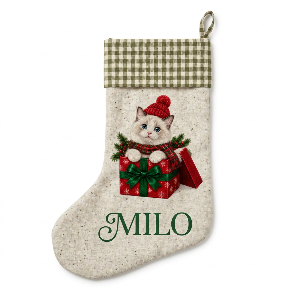 Custom Pet Christmas Stocking | Personalized Printed Pet in a Gift Box with Green Gingham Cuff