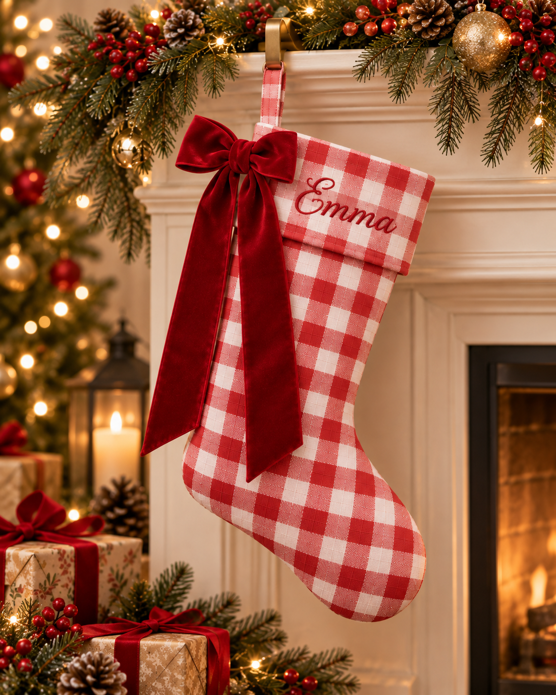 Personalized Gingham Christmas Stocking | Embroidered Name with Red Velvet Bow