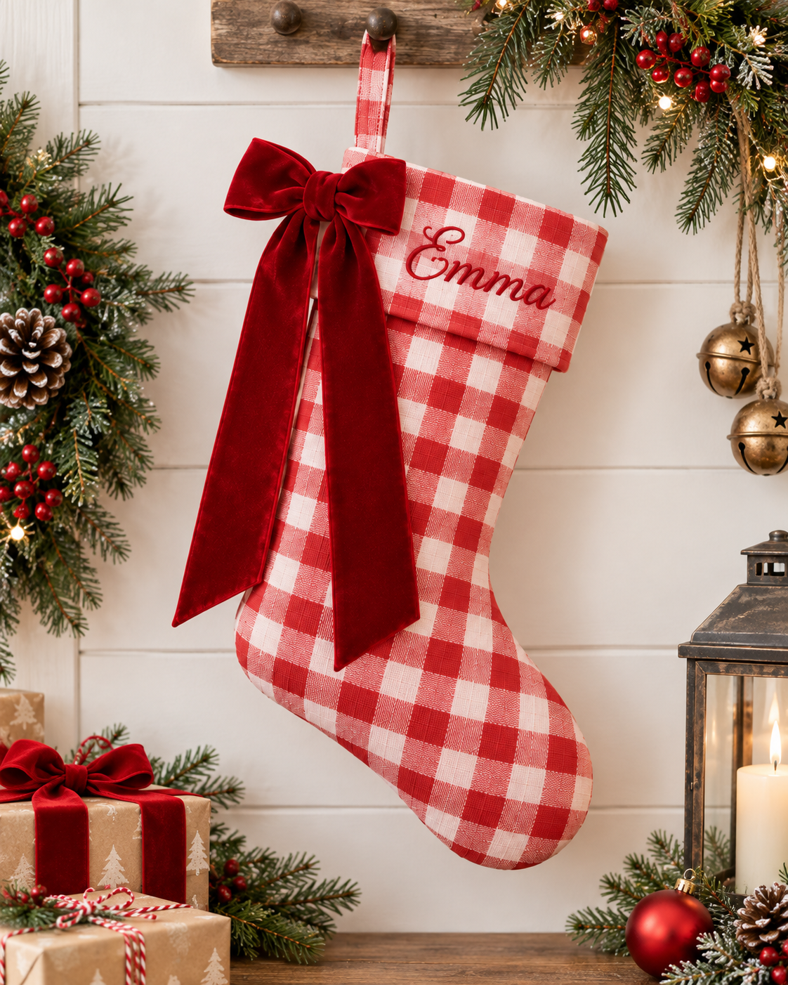 Personalized Gingham Christmas Stocking | Embroidered Name with Red Velvet Bow