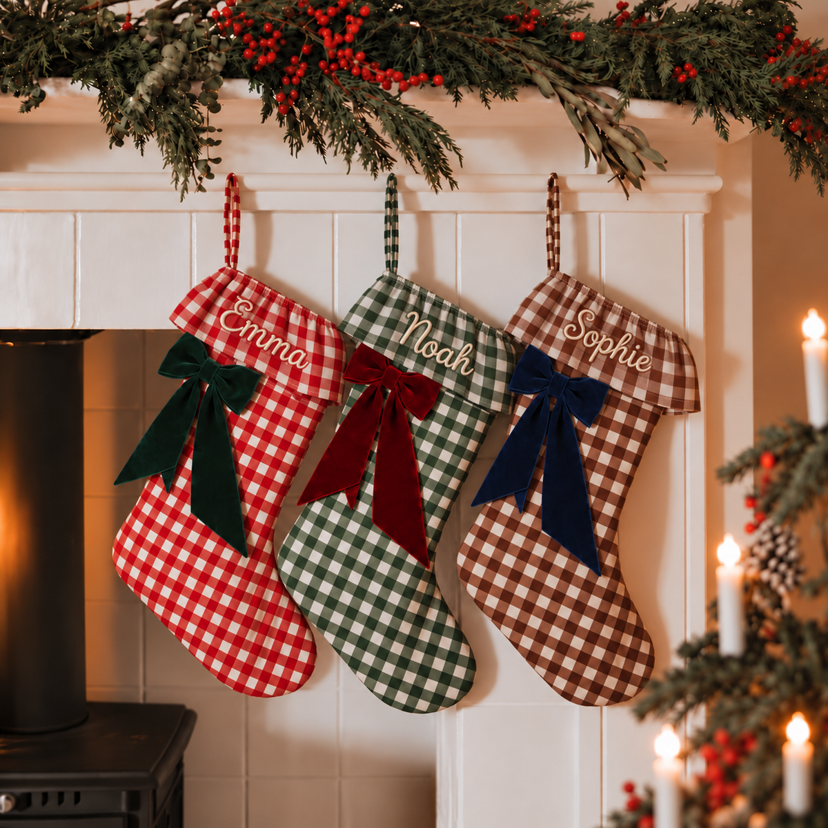 Personalized Gingham Christmas Stocking | Embroidered Name with Contrast Velvet Bow
