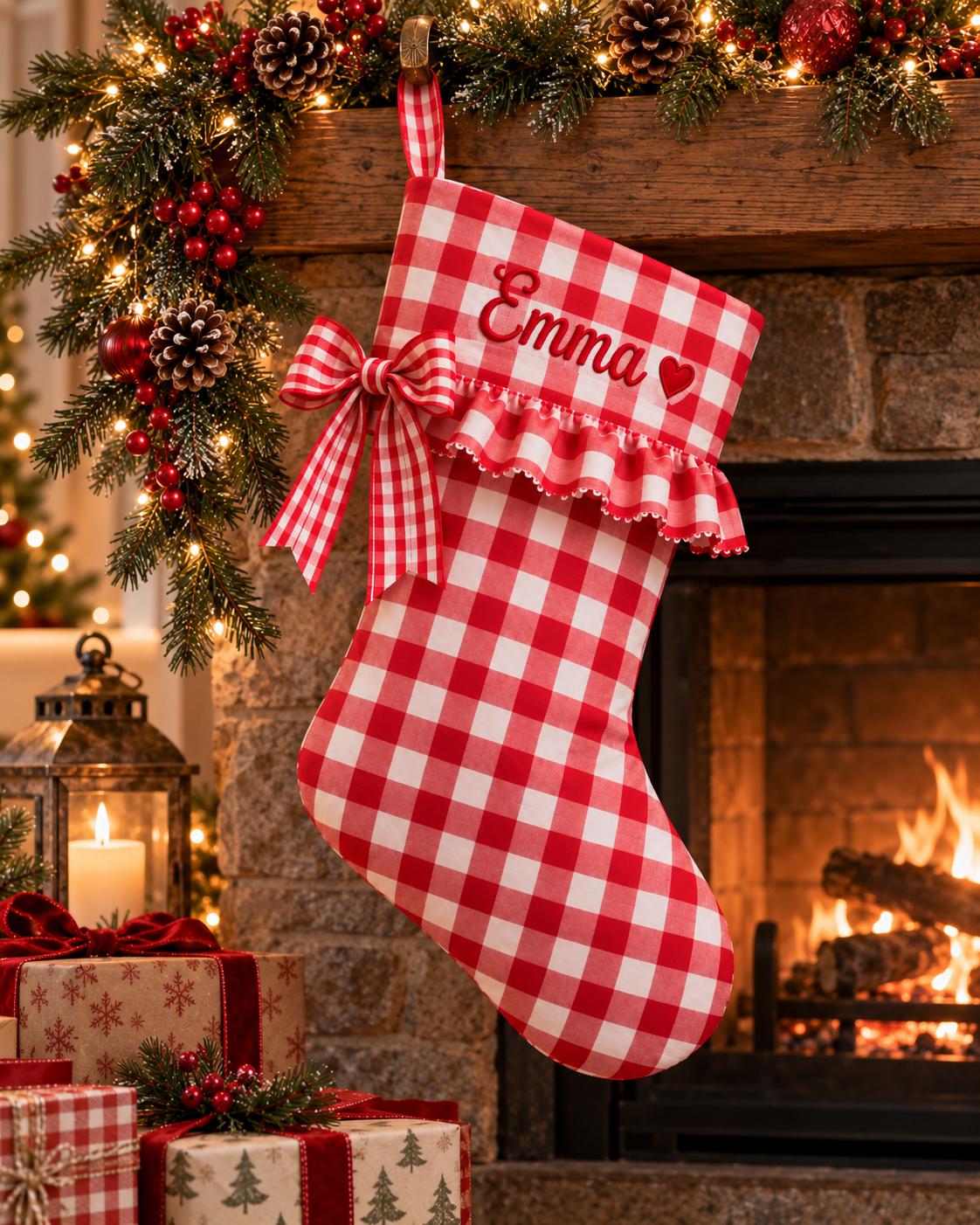 Personalized Gingham Christmas Stocking | Embroidered Name & Heart with Gingham Ribbon Bow