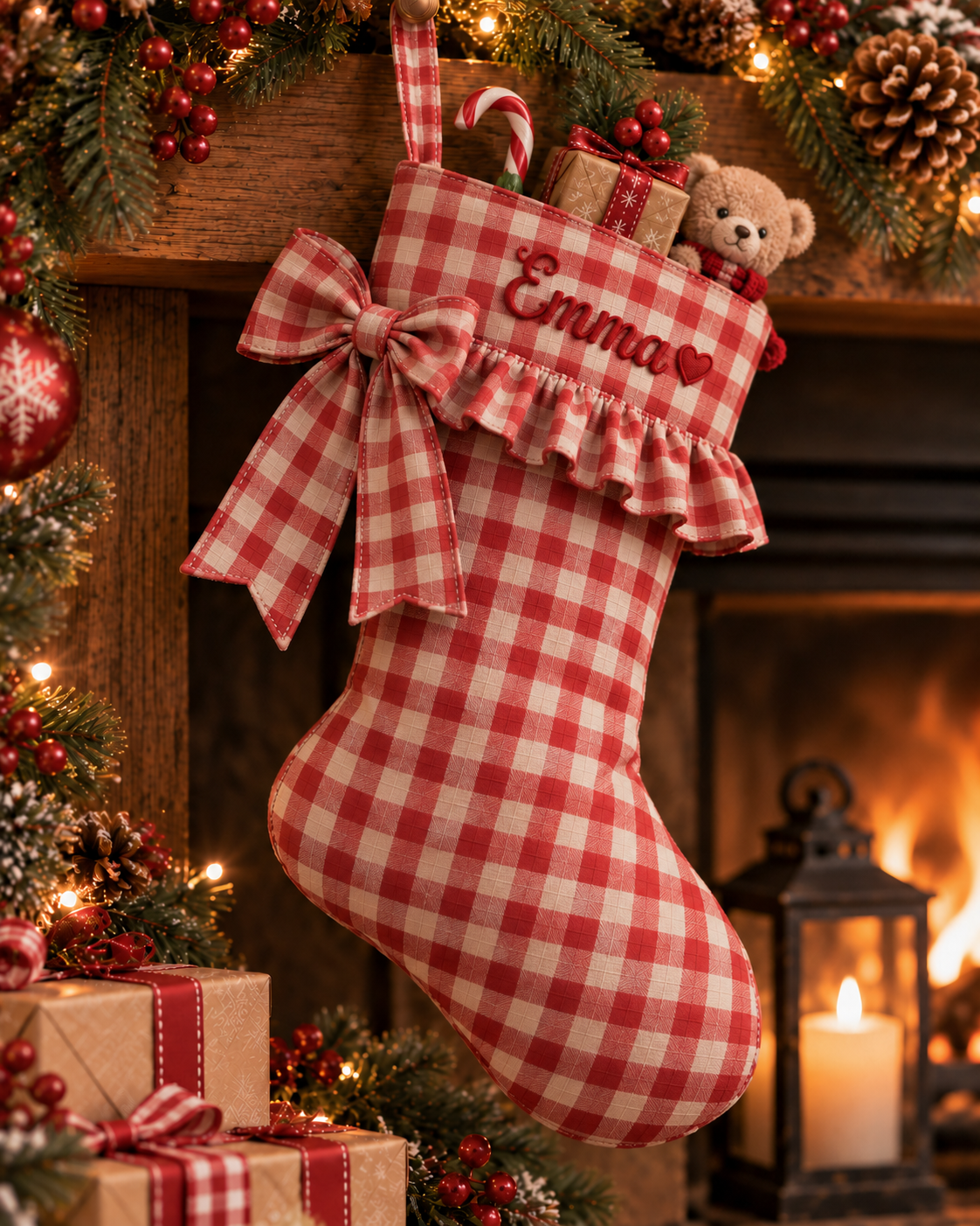 Personalized Gingham Christmas Stocking | Embroidered Name & Heart with Gingham Ribbon Bow