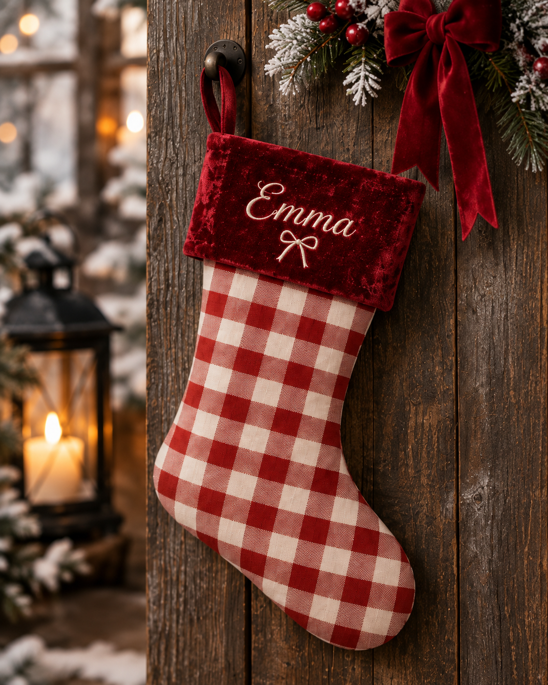 Personalized Gingham Christmas Stocking | Embroidered Name on Velvet Cuff