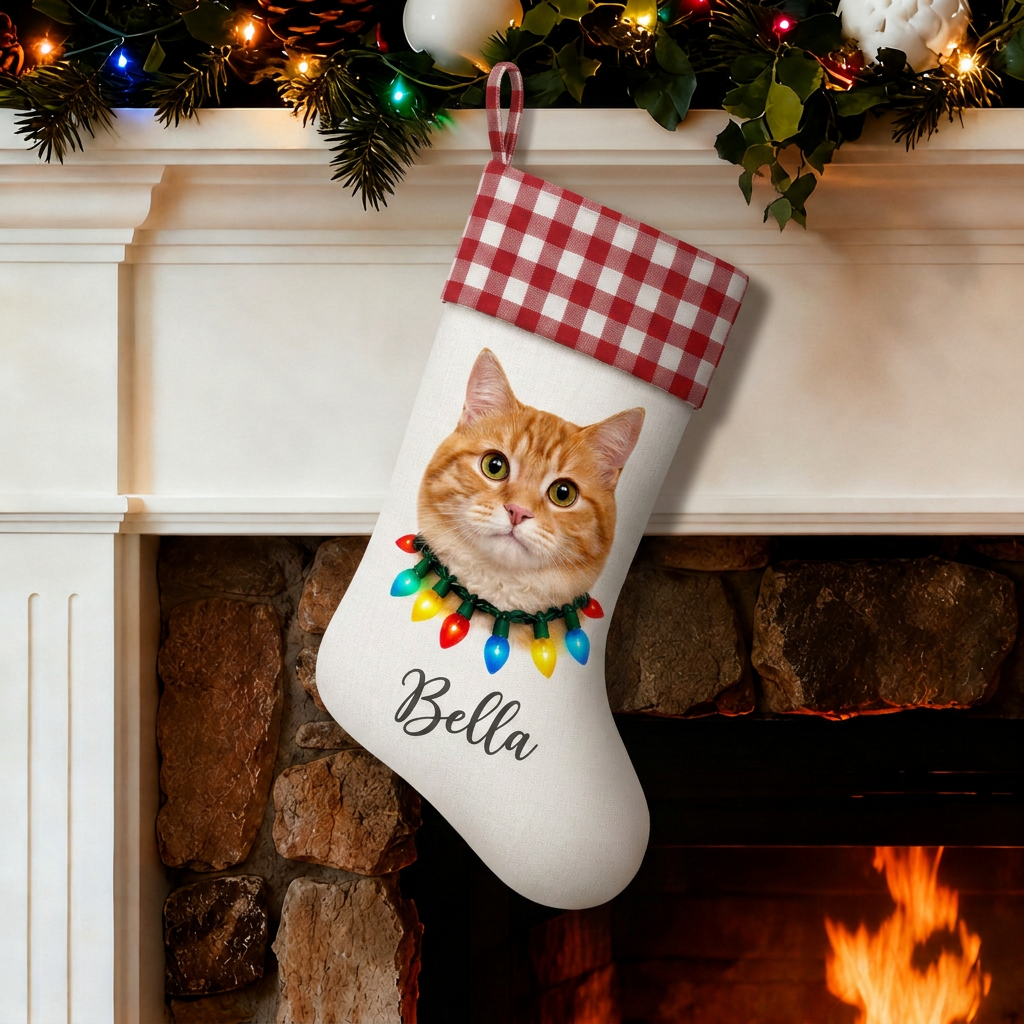 Custom Pet Christmas Stocking | Personalized Printed Pet Portrait with Christmas Lights & Red Gingham Cuff