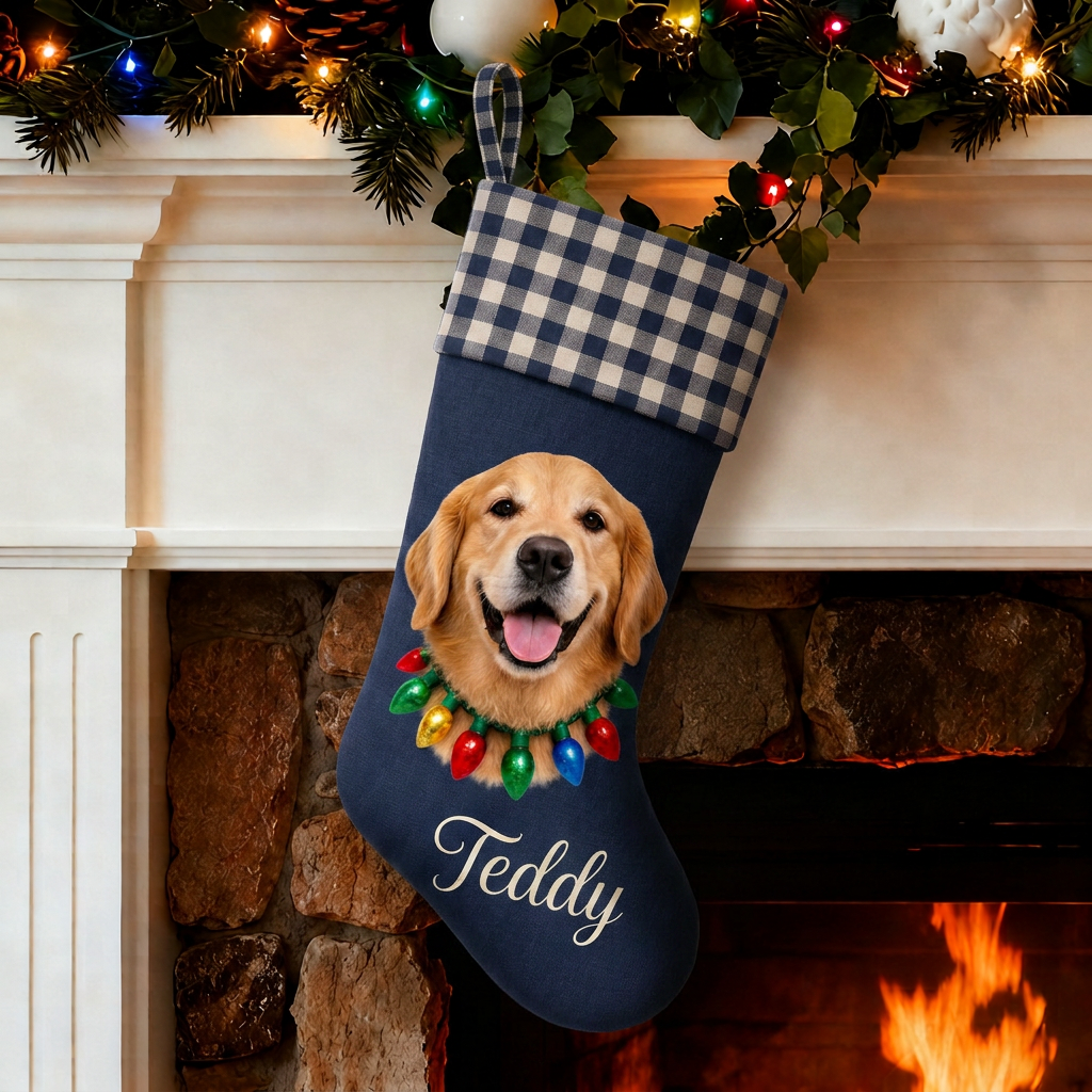 Custom Pet Christmas Stocking | Personalized Printed Pet Portrait with Christmas Lights & Gingham Cuff