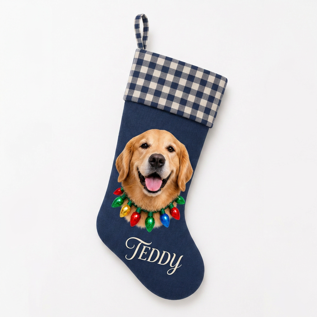 Custom Pet Christmas Stocking | Personalized Printed Pet Portrait with Christmas Lights & Gingham Cuff