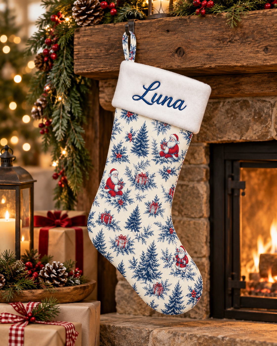 Personalized Christmas Stocking | Embroidered Name on Plush Cuff with Blue Chinoiserie Toile Print