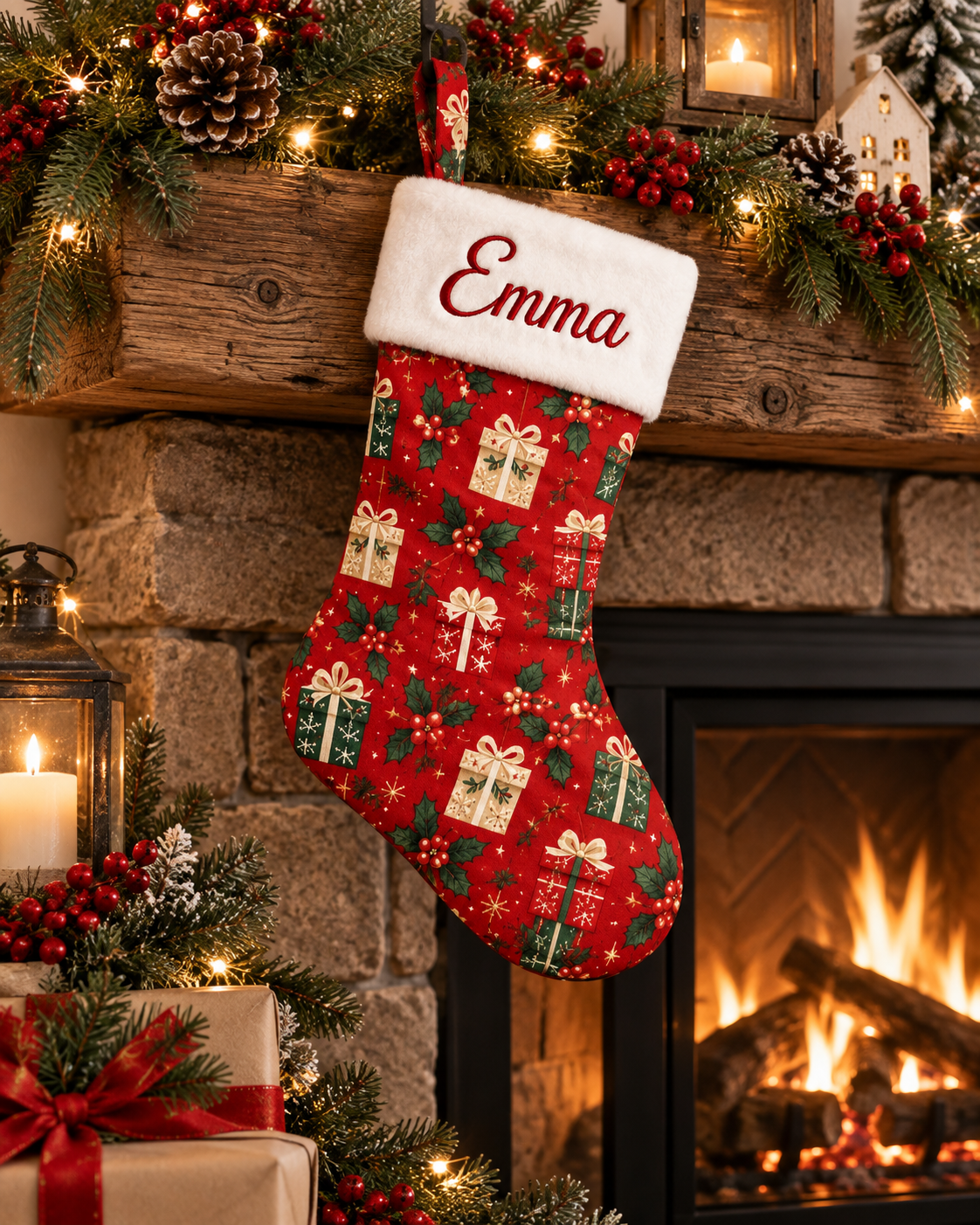 Personalized Christmas Stocking | Embroidered Name on Plush Cuff with Printed Red Gift Box Pattern