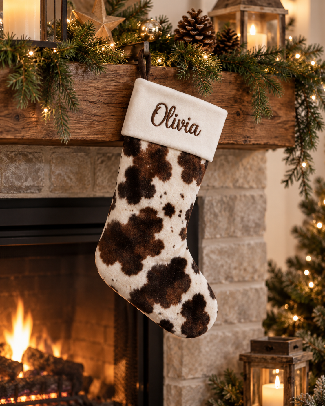 Personalized Cowhide Christmas Stocking | Embroidered Name on Cream Plush Cuff