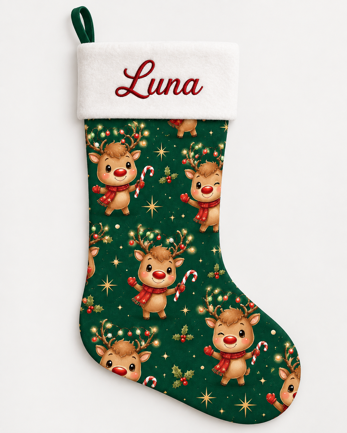 Personalized Christmas Stocking | Embroidered Name on Plush Cuff with Printed Reindeer Pattern