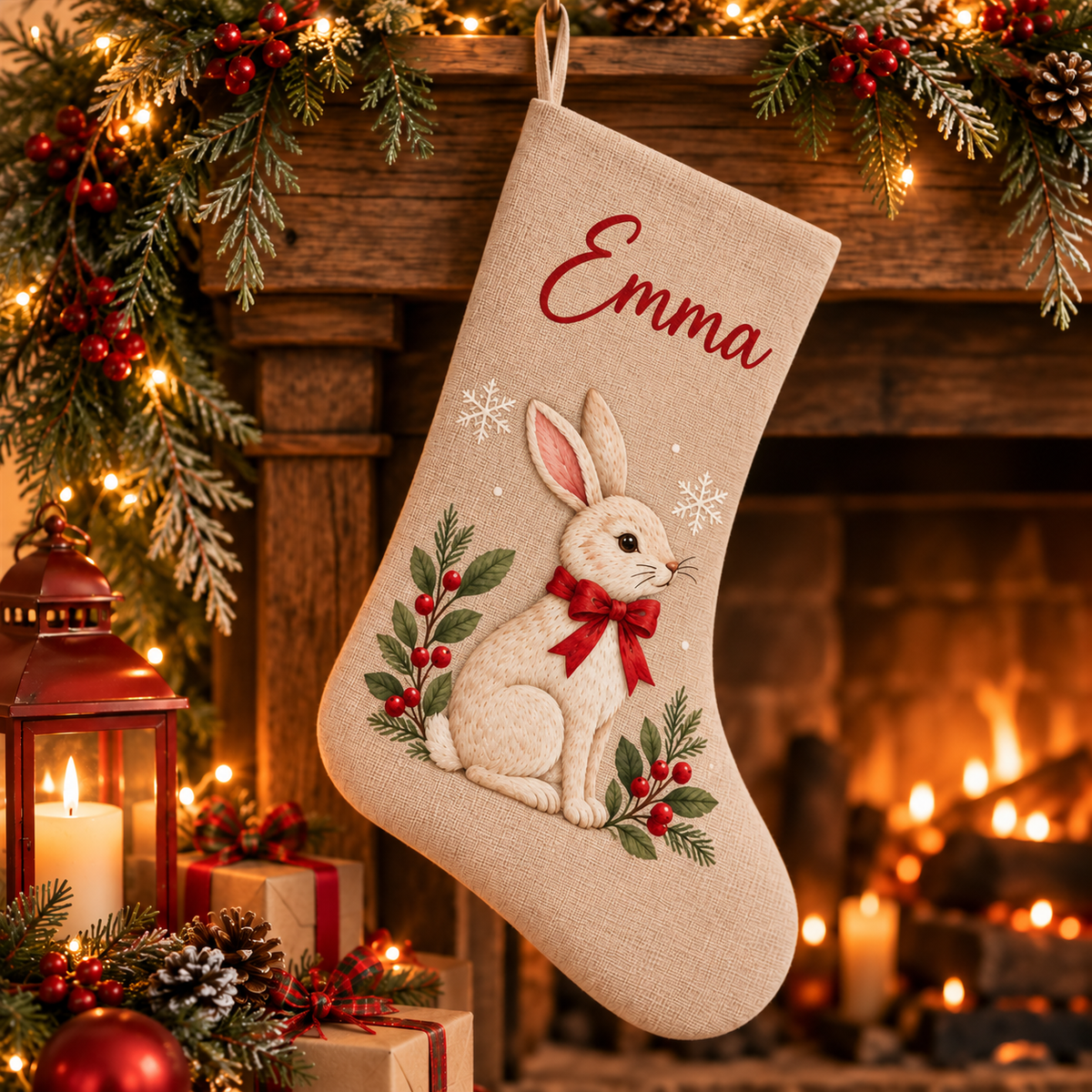 Personalized Christmas Stocking | Printed Name & Bunny Design