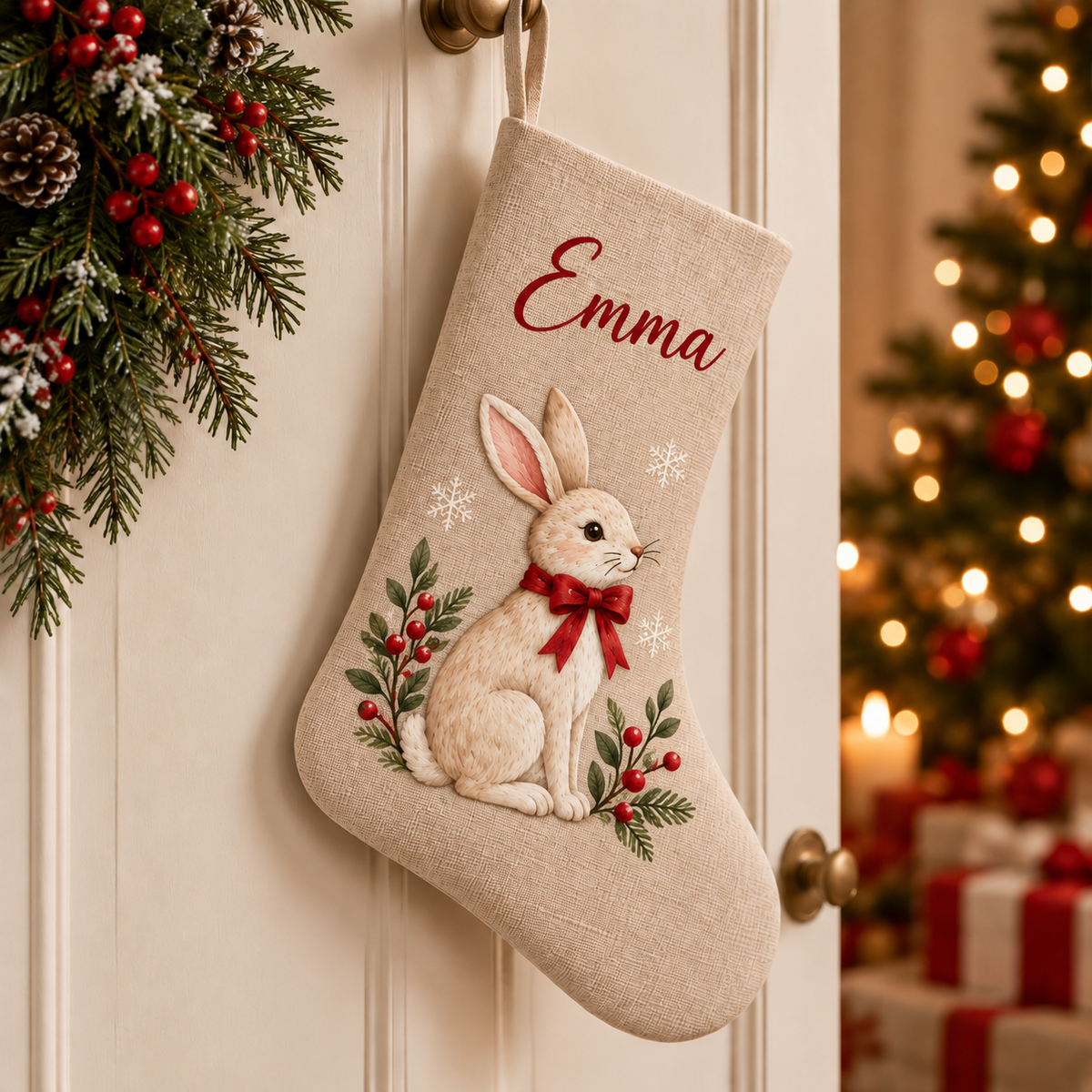Personalized Christmas Stocking | Printed Name & Bunny Design