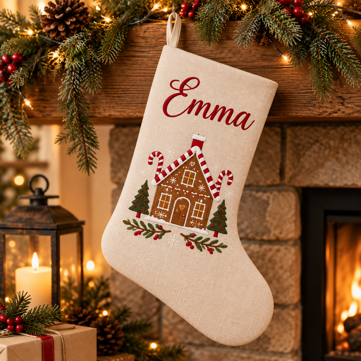 Personalized Christmas Stocking | Printed Name & Gingerbread House Design