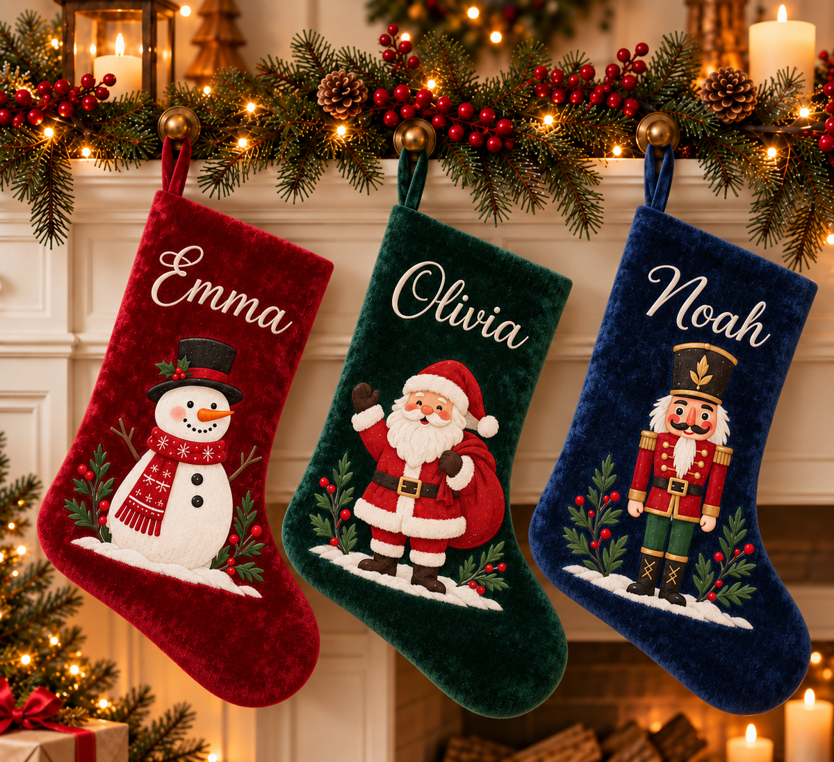 Personalized Velvet Christmas Stocking | Printed Name & Christmas Character Design