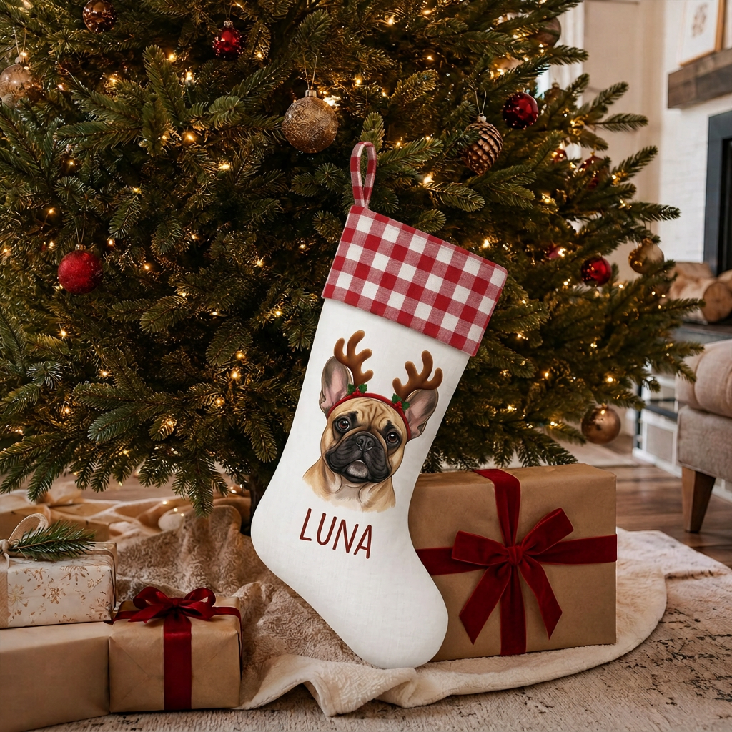 Personalized Pet Christmas Stocking | Custom Printed Pet Portrait with Reindeer Antlers & Red Gingham Cuff
