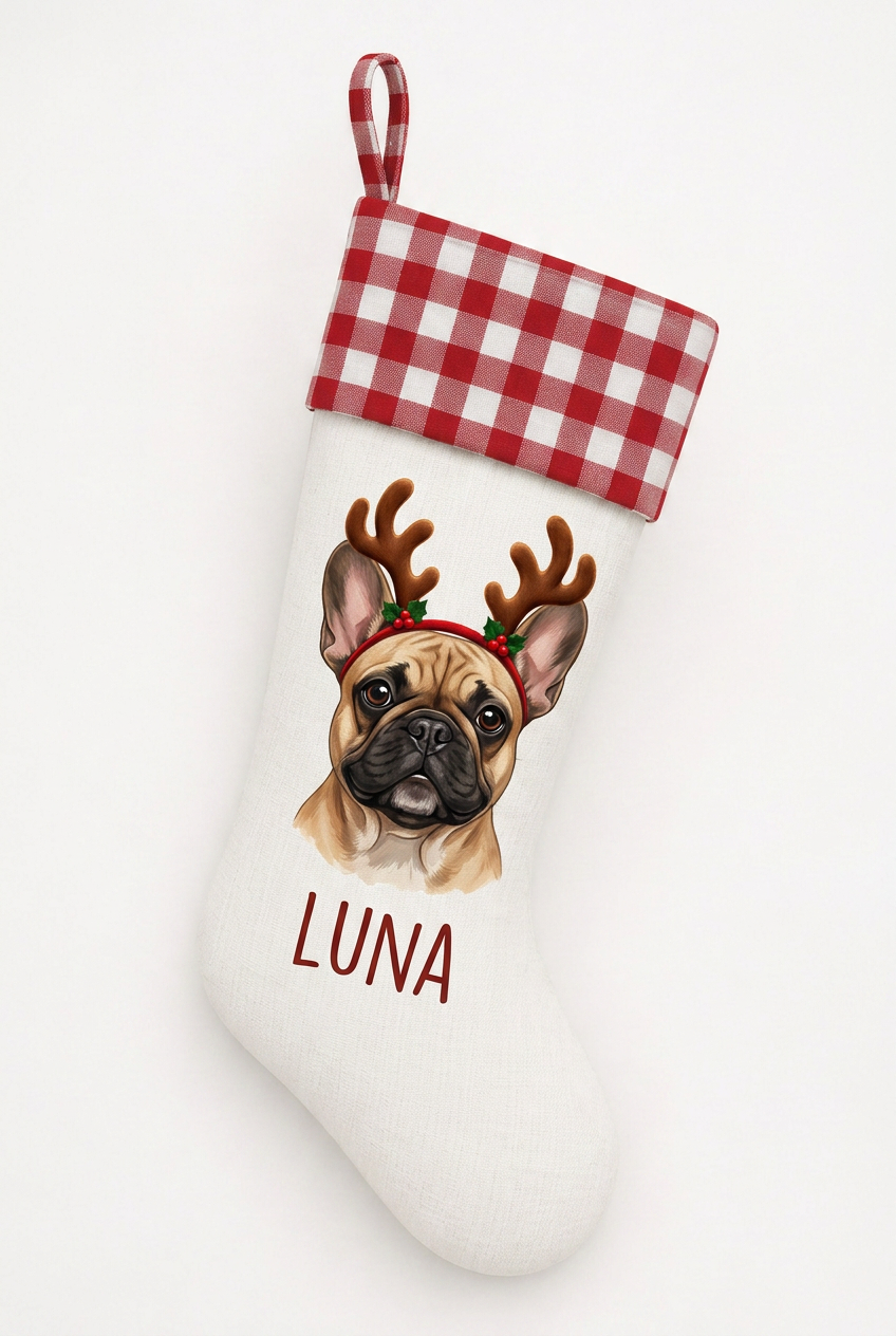 Personalized Pet Christmas Stocking | Custom Printed Pet Portrait with Reindeer Antlers & Red Gingham Cuff