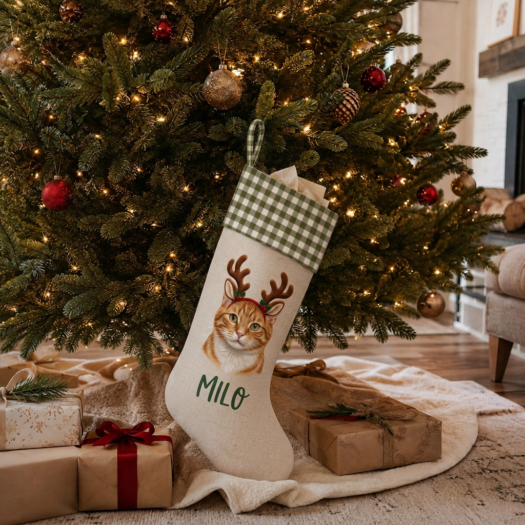 Personalized Pet Christmas Stocking | Custom Printed Pet Portrait with Reindeer Antlers & Green Gingham Cuff