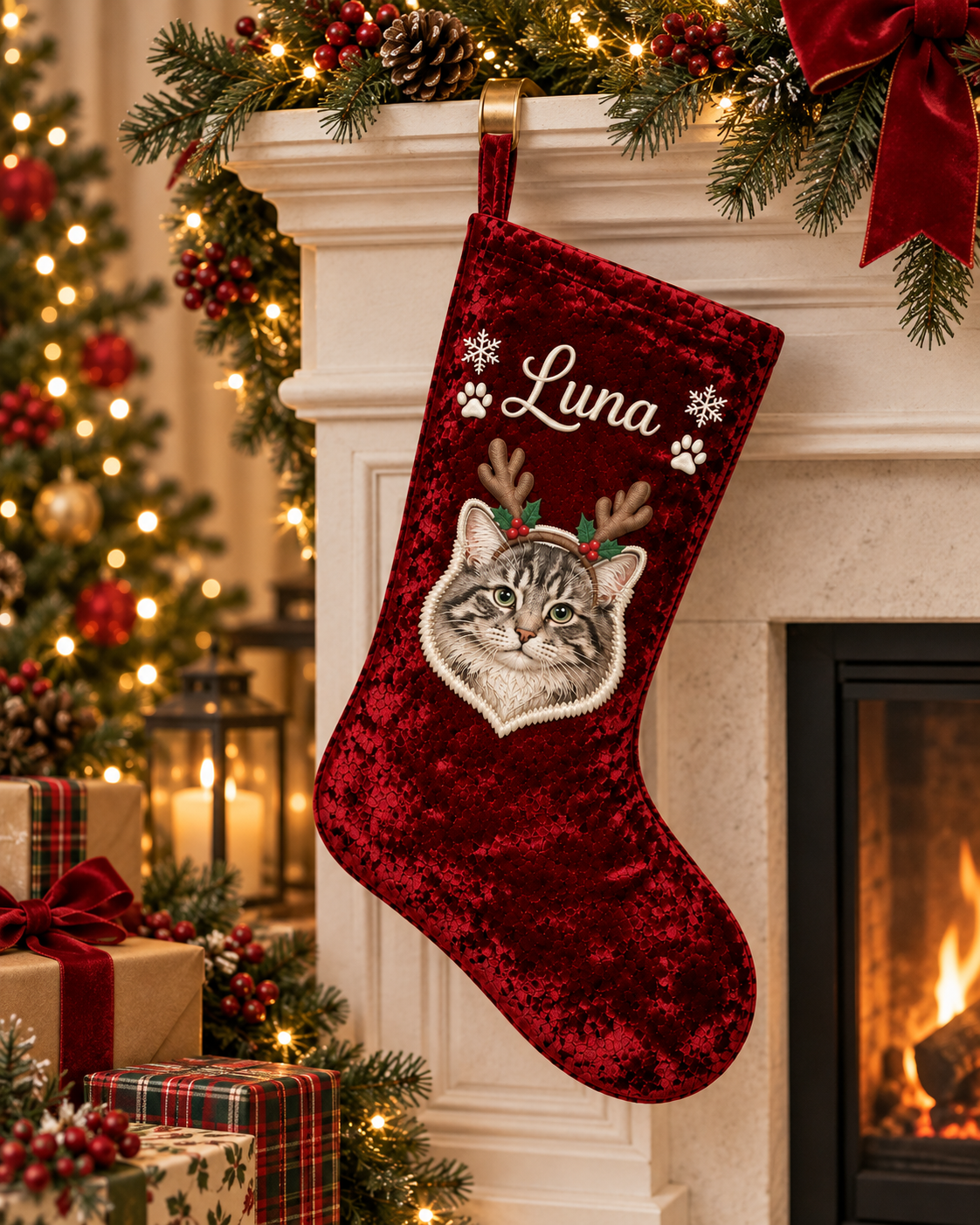 Custom Velvet Pet Christmas Stocking | Color Applique Cat Portrait with Reindeer Antlers & Embroidered Name