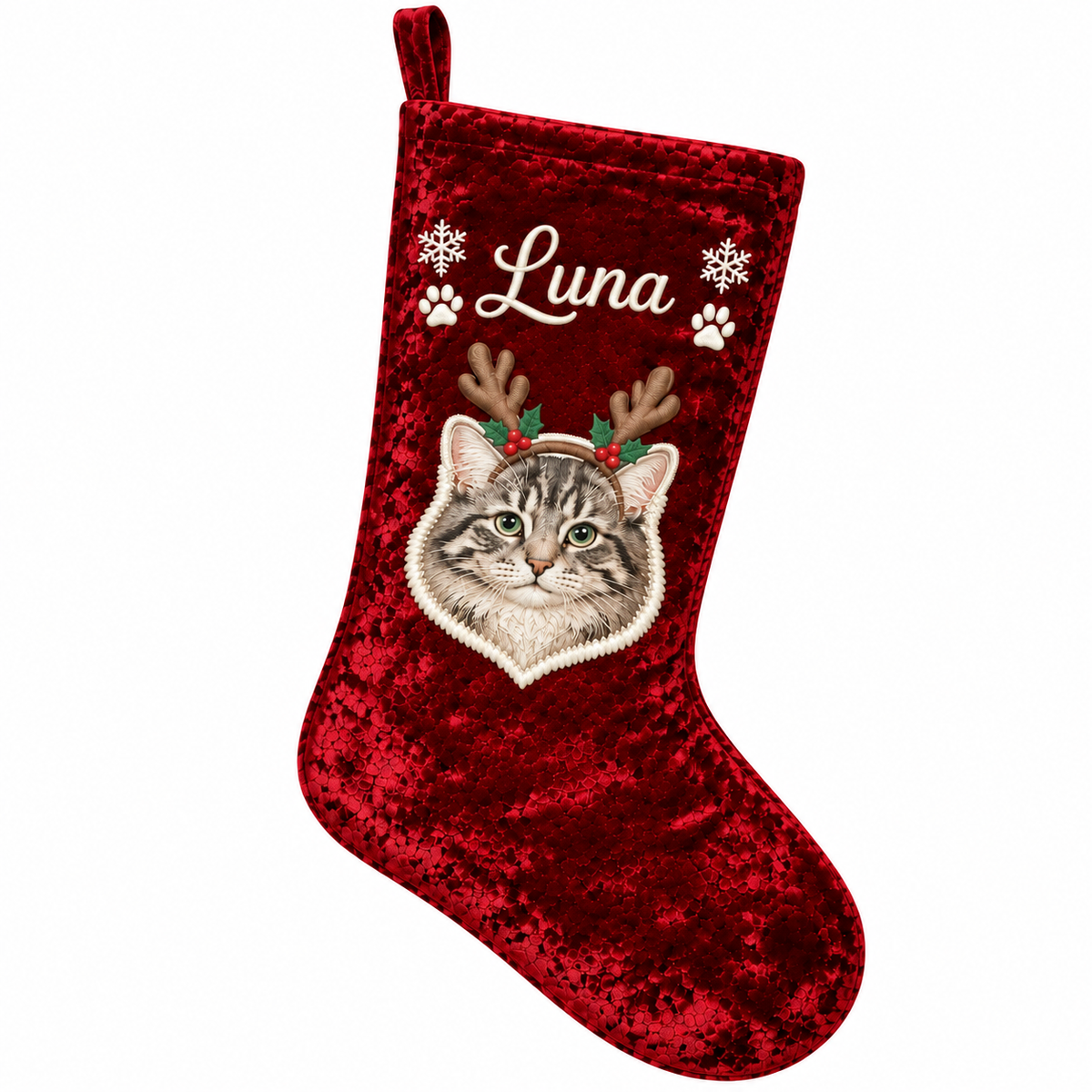 Custom Velvet Pet Christmas Stocking | Color Applique Cat Portrait with Reindeer Antlers & Embroidered Name