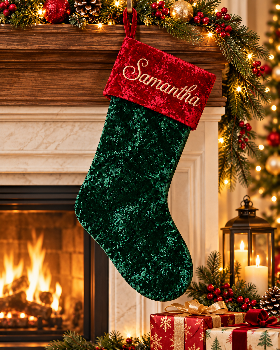 Personalized Velvet Christmas Stocking | Embroidered Name on Contrast Velvet Cuff