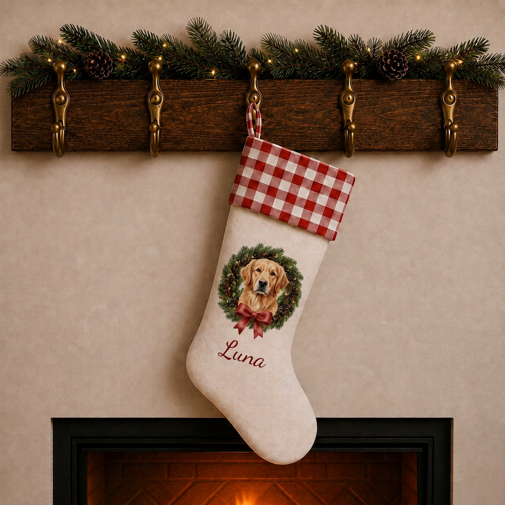Personalized Pet Christmas Stocking | Custom Printed Pet Portrait in a Christmas Wreath with Red Gingham Cuff