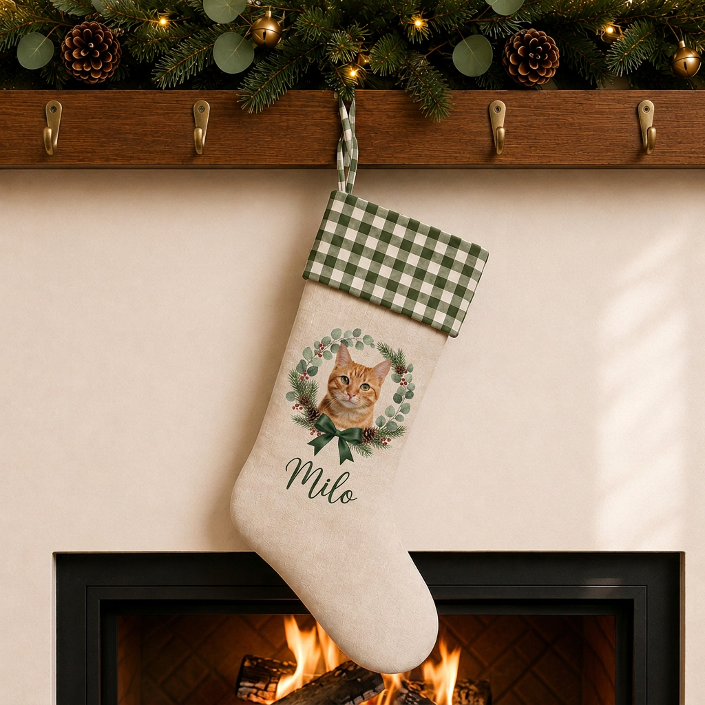 Personalized Pet Christmas Stocking | Custom Printed Pet Portrait in a Christmas Wreath with Green Gingham Cuff